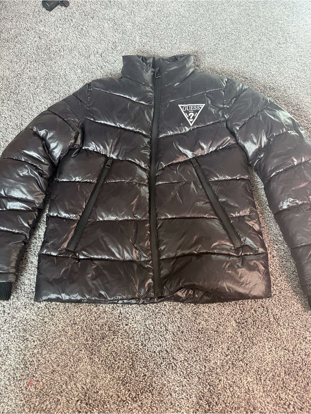 GUESS Black Glossy Quilted Puffer Jacket